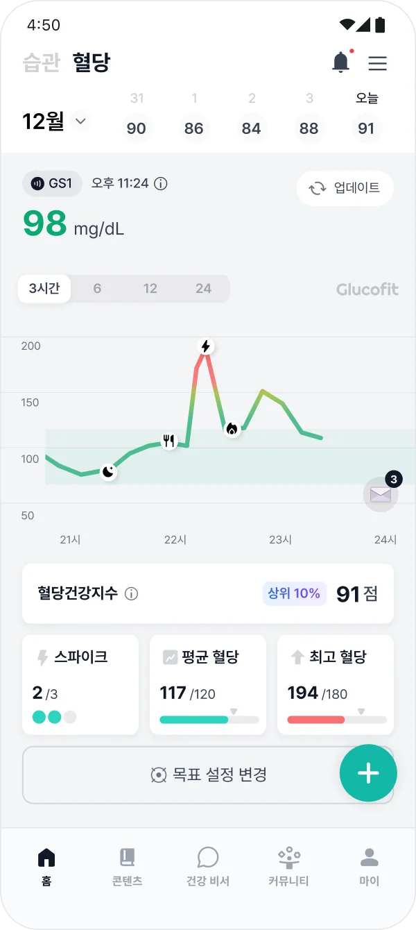 글루코핏 앱 혈당 측정 화면